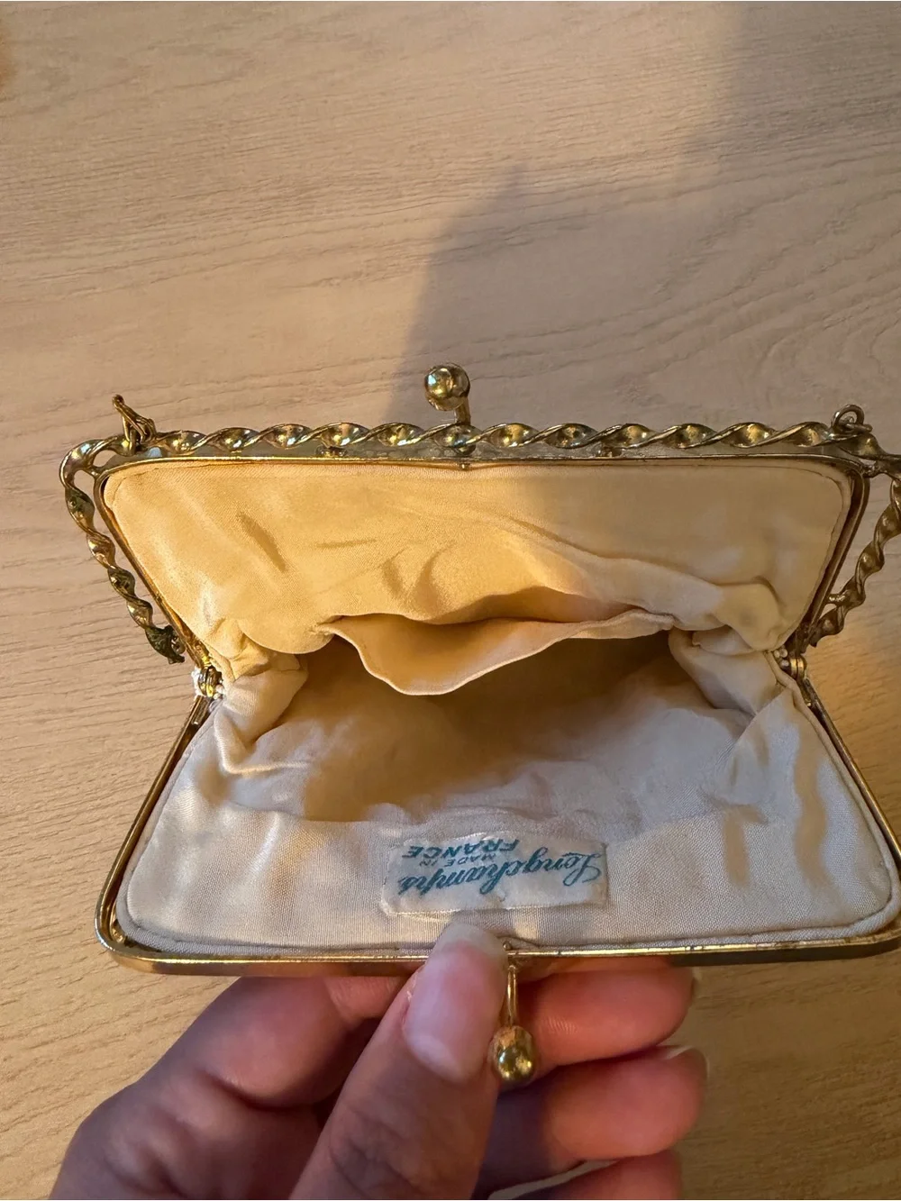 Vintage Longchamp Cream Beaded Floral Evening Clutch with Gold Chain